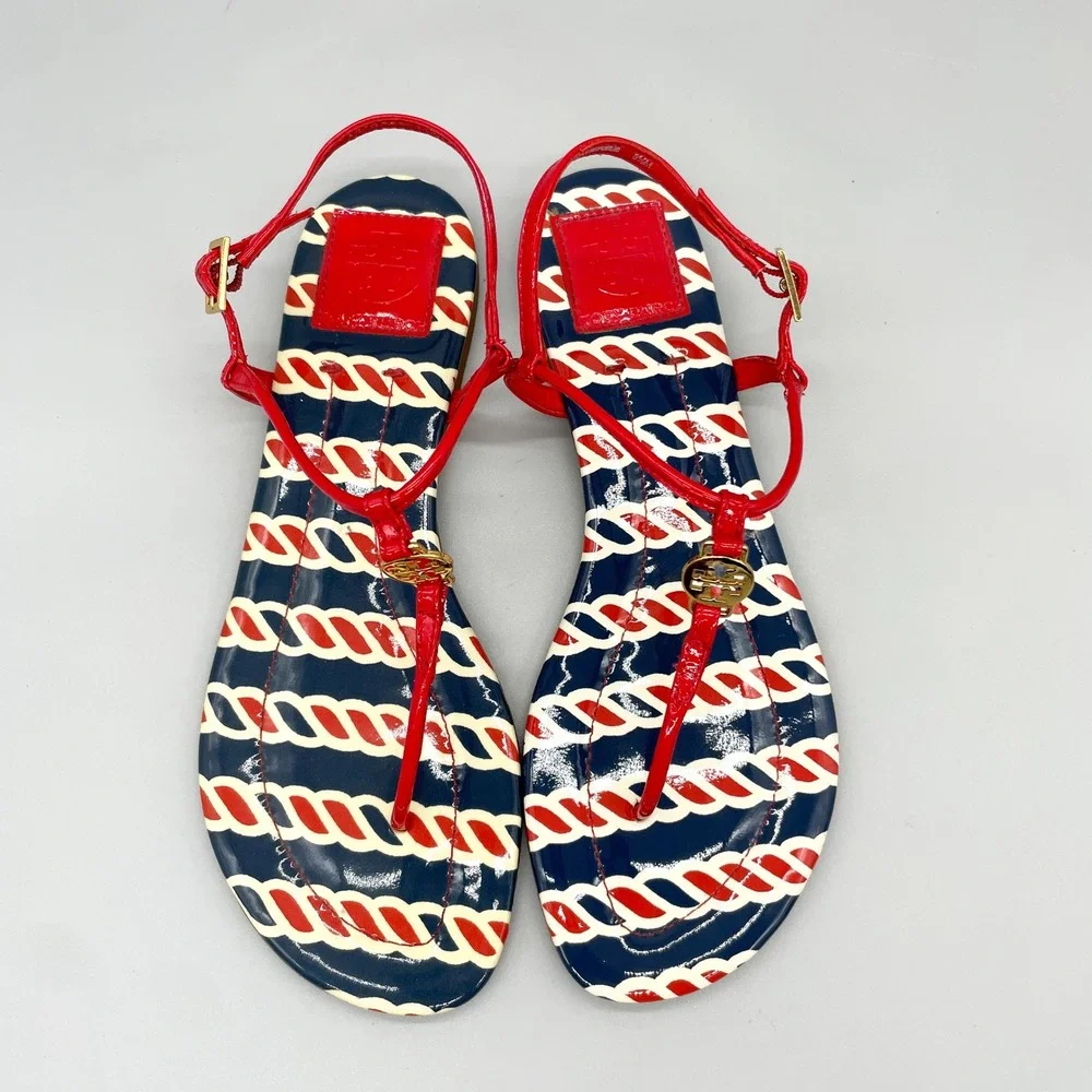 Tory Burch Womens 8.5 Emmy Red Navy Rope Patent Leather Thong Sandals Gold Logo